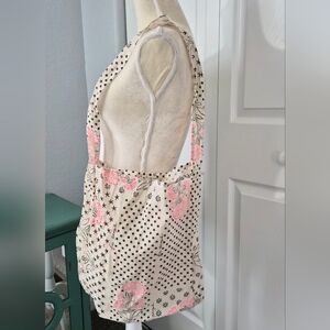 Free People Printed Canvas Tote Bag Floral Polka Dot Slouchy Shoulder Bag